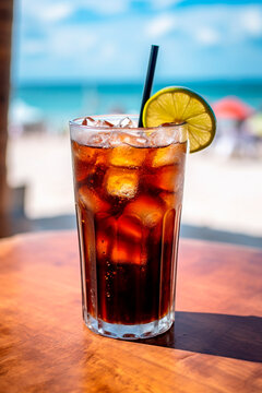 a glass of cold cola on the background of the sea.