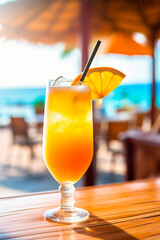 Orange cocktail, concept of fresh tasty summer citrus cocktail on sea background.