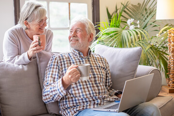 Happy 70s white haired senior couple sitting on sofa in living room using laptop surfing the net. Concept of older generation users and wireless technology
