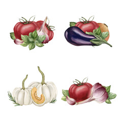 Set of compositions with fresh vegetables. Watercolor illustration hand painted isolated on white background