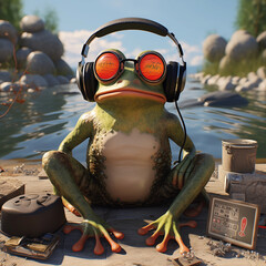 The frog rests to the music near his river house Created with AI