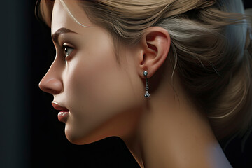 Captivating close-up portrait of a woman adorned with a cascading silver earring. The subtle play of light accentuates her serene expression and highlights the earring's intricate design.