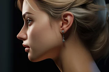 Keuken foto achterwand Schoonheidssalon Captivating close-up portrait of a woman adorned with a cascading silver earring. The subtle play of light accentuates her serene expression and highlights the earring's intricate design.