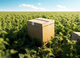delivery box laying in a field full of weed plants - obrazy, fototapety, plakaty