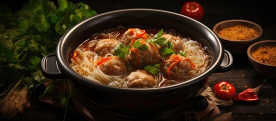 Soup with meatball served with glass noodles.