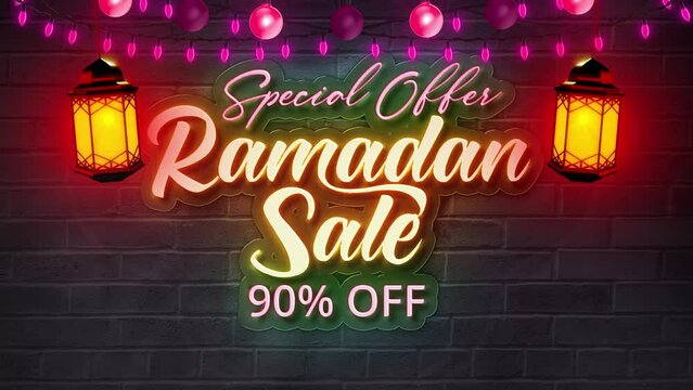 Ramadan Sale neon text with lantern and lights V12