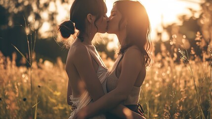 Two beautiful lesbian women kissing, very hot summer day, Romantic background, Valentine's Day - obrazy, fototapety, plakaty