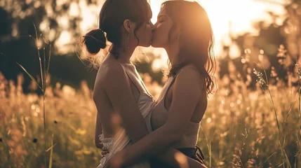 Poster Two beautiful lesbian women kissing, very hot summer day, Romantic background, Valentine's Day © Irina