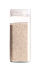 Fine sand in a plastic container. Cream colored, smooth and fine-grained sand. Close-up, front...