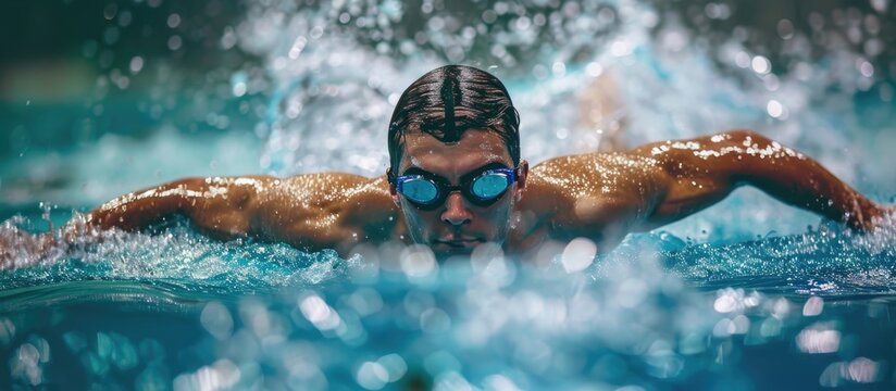 Male swimmer doing butterfly stroke in indoor swim meet.
