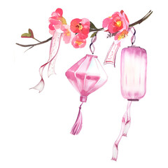 Watercolor hand painted  Chinese or Japanes lanterns an a blooming branch  isolated on white. Oriental themed design.Eastern concept. Chinese New Year card.