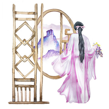 recommend clip art: Beautiful asian woman in kimono clothes stands at the window  design. Watercolor  eastern girl and asian building  illustration isolated on white background. Oriental lanscape clipart. 
