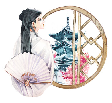 recommend clip art: Beautiful asian woman in kimono clothes stands at the window  design. Watercolor  eastern girl and asian building  illustration isolated on white background. Oriental lanscape clipart. 