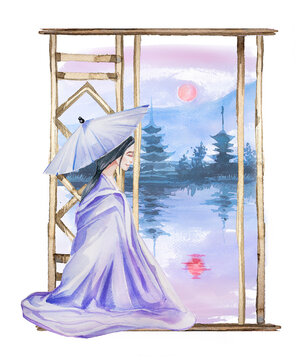 recommend clip art: Beautiful asian woman in kimono clothes stands at the window  design. Watercolor  eastern girl and asian building  illustration isolated on white background. Oriental lanscape clipart. 