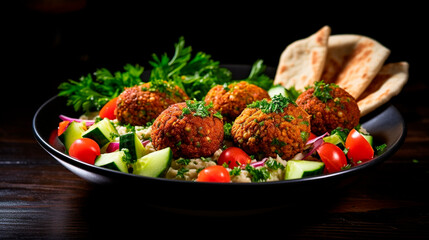 a plate of fried falafel balls and parsley leaves and vegetables on a dark background.
