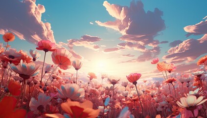 Beautiful field of flowers with the sun behind.