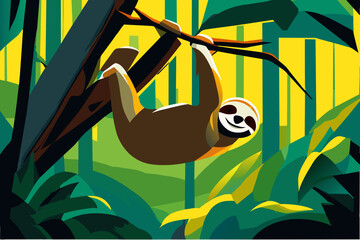 Slow-moving sloth hanging from a tree. vektor icon illustation