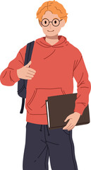 University man student wearing eyeglasses with backpack holding book illustration