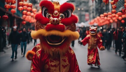 Obraz premium Chinese traditional lion dance costume performing at a temple in China