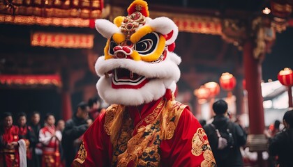 Chinese traditional lion dance costume performing at a temple in China