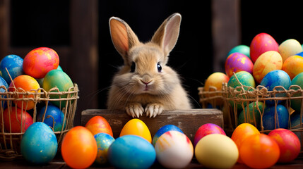 Fototapeta na wymiar rabbit and multi-colored eggs on a dark background. easter