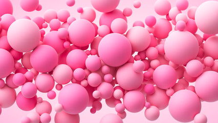 Pink random flying spheres background for Happy Valentine's day or love concept. Pink matte soft balls for romantic postcard, flyer, banner, invitation or poster. Vector 3d illustration