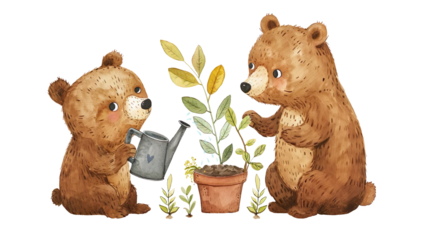 Two cute watercolor teddy bears watering house plants with a watering can. 