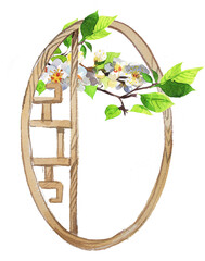 Asian bamboo round window with a  cherry blossom branch. Watercolor oriental window painting isolated on white. Beautiful Japanese interior  design. Asian culture concept.