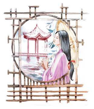 recommend clip art: Beautiful asian woman in kimono clothes with umbrella  stands at the window  design. Watercolor  eastern girl and asian building  illustration isolated on white background. Oriental lanscape clipart. 