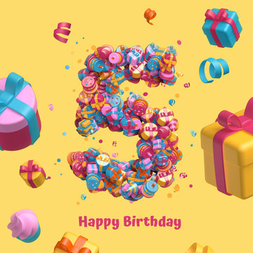 happy birthday party, 3d illustration, 5 years anniversary
