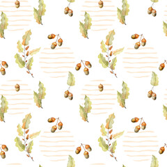 Watercolor forest seamless pattern with acorns and leaves. Png.