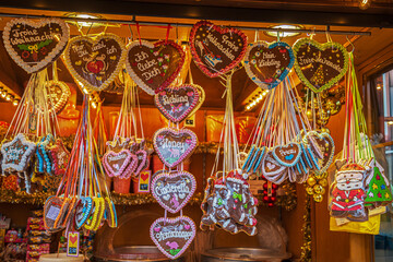 Christmas Market with Gingerbread Hearts exposed for sale in Erlangen Germany, december 2023