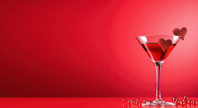 An elegant glass with martini cocktail , on a red background. Concept for Valentine's Day