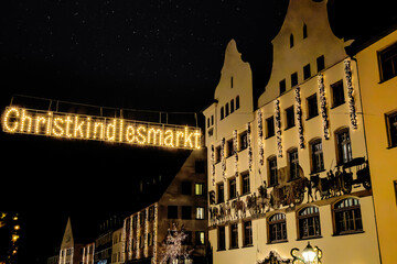 Christkindlesmarkt or Christmas Market or Weihnachtsmarkt whit Christmas illuminations in Nuremberg, Germany - 702905454