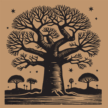 Baobab tree. Vintage retro engraving illustration. Black icon, isolated element	