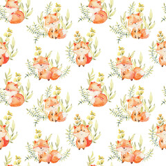 Watercolor seamless pattern with foxes and herbs. Cute cartoon characters. Png.