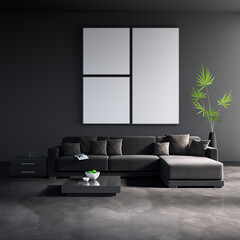 Sofa with dark pillows in dark gray lounge setting - 3D illustration