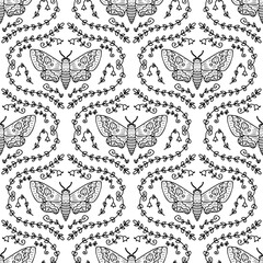 Acherontia atropos monochrome realistic doodle hawk moth seamless pattern. Perfect print for tee, paper, textile and fabric. Hand drawn vector illustration.