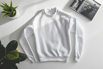 White Crewneck Sweatshirt Mockup with Plant and Magazine