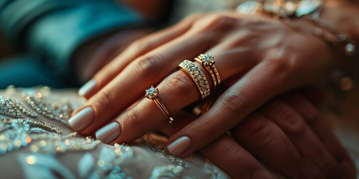 A detailed picture of a couple's hands with a valuable diamond ring, taken before the engagement. Opulent wedding bands.