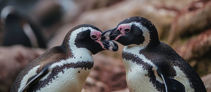 Pair of engaging Humboldt penguins in a close-up photo in Chile, showcasing their black and white bodies with pink beak detail.