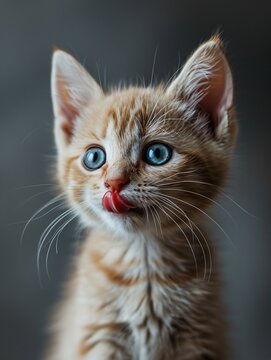 Amusing feline licks its lips. Close-up of a white and red kitty with stunning blue eyes gazing straight ahead. Adorable famished cat. Professional picture. Blank area for words.