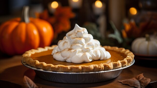 A freshly baked pumpkin pie adorned with a dollop of whipped cream, ready to be enjoyed during the holidays.
