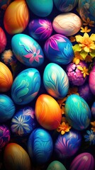 Decorated Easter eggs background. Happy Easter concept. Colorful dyed chocolate eggs. Stylish tender spring template with space for text. Greeting card wallpaper banner web poster print.