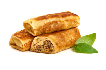 Pancake rolls stuffed with ground meat, isolated on white background. High resolution image.