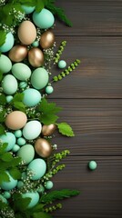 Obraz premium Decorated Easter eggs background. Happy Easter concept. Colorful dyed chocolate eggs. Stylish tender spring template with space for text. Greeting card wallpaper banner web poster print.