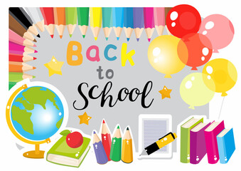 Back to school text on blackboard. Globe, colored pencils, books, balloons, pen. Vector illustration.