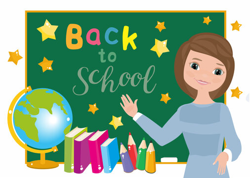 Back to school text on green chalkboard. Smiling teacher. Globe, colored pencils, books. Vector illustration.