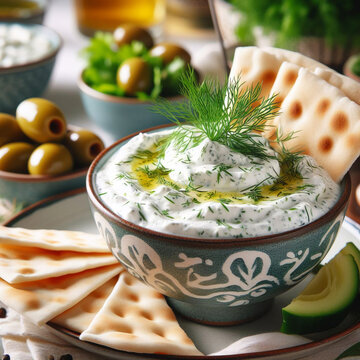 sauce of yogurt with herbs, spices and cucumber close-up on the table. raita. Horizontal top view