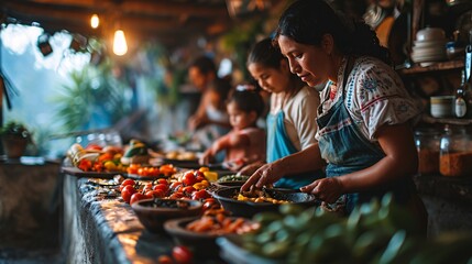 A Latin family bonding while cooking with their kids in the kitchen at their home in Mexico, Hispanic culture. - obrazy, fototapety, plakaty